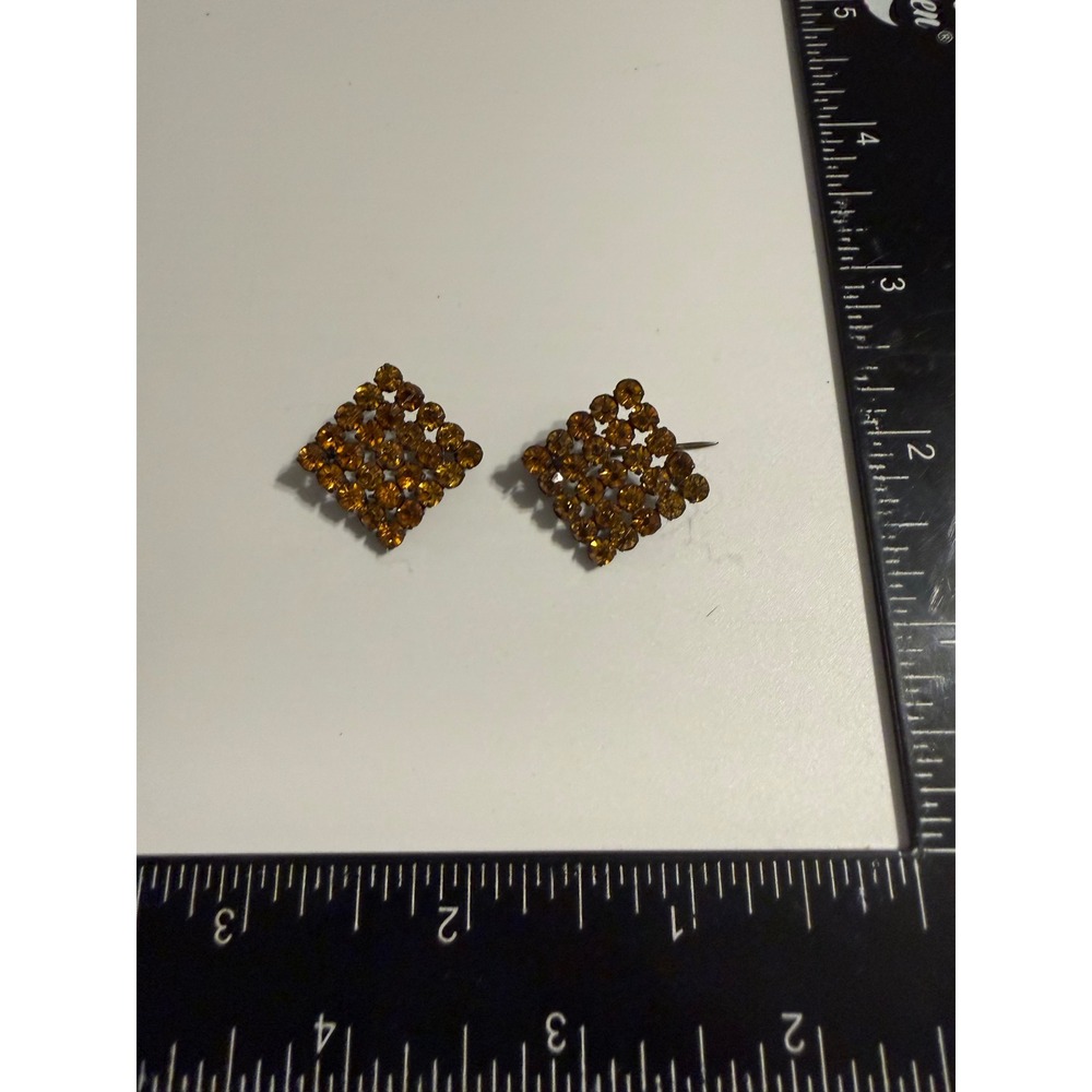 Vintage Amber Rhinestone Clip On Earrings Gold Tone Geometric Diamond Costume